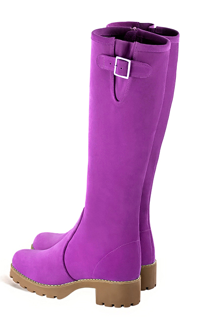 Mauve purple women's knee-high boots with buckles.. Made to measure. Rear view - Florence KOOIJMAN